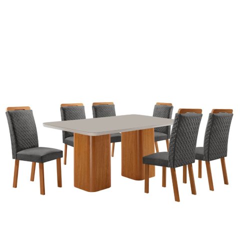 Mesa de Jantar Eloise 180cm Tampo MDF Vidro Canto Copo com 6 Cadeiras Aline