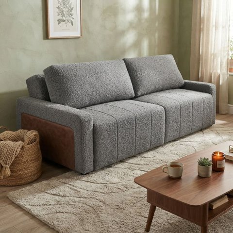 Sofá Cama Dublin, 2,10m Retrátil e Reclinável, Tecido Bouclé, Cinza Molas Ensacadas.