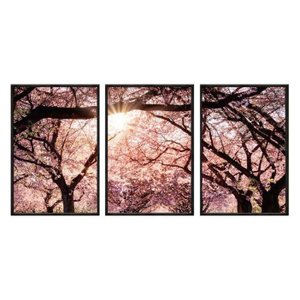 Kit 03 Quadros Decorativos - Cerejeiras Ao Sol Flnt066 - Vidro com Impressão Uv - 40x60cm