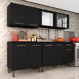 Armário de Cozinha Tieli 4 Peças com Vidro Preto - Móveis Arapongas Preto Fosco - 1