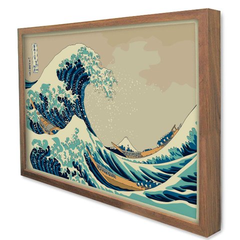 Quadro Decorativo A Grande Onda de Kanagawa em Moldura Caixa TaColado Moldura Caixa 3cm Madeira sem