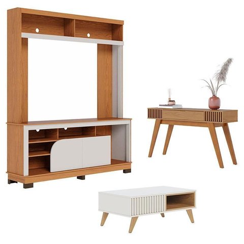 Estante Home Theater Belaya Freijó Off White Matte com Mesa de Centro Jeri Off White Freijó e