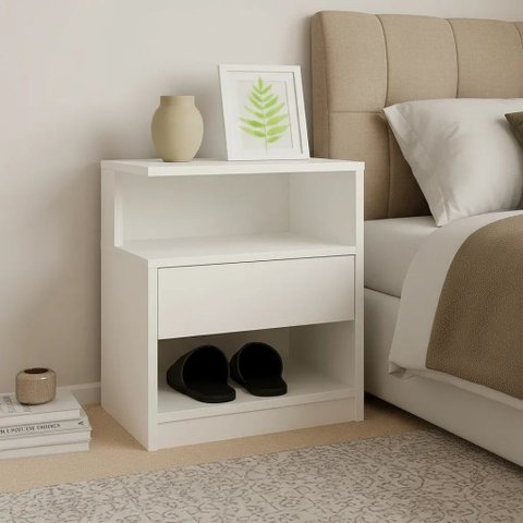Mesa de Cabeceira MDF Branco 15 mm com Gaveta e Nicho 40 cm