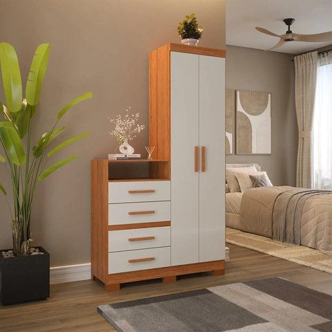 Guarda-Roupa Multiuso 2 Portas 4 Gavetas Primacy Off White/Freijó Wood