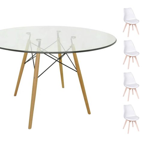 Conjunto Mesa Eames Eiffel Redonda Vidro 90cm + 4 Cadeiras Saarinen Wood - Branca