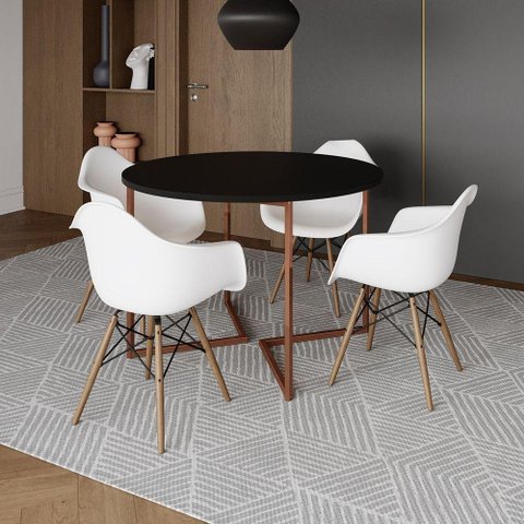 Mesa Jantar Industrial Preta 110Cm Redonda Base V Cobre Com 4 Poltronas Brancas Madeira Cor: Preto