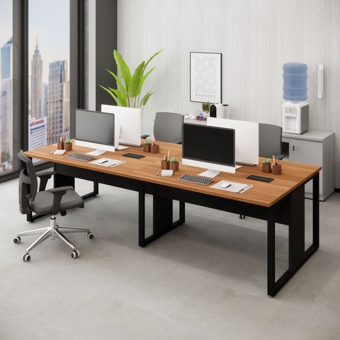 Mesa de Escritório Plataforma 4 Pessoas 2,70m Nog. Pés Metal Cor:nogal com Preto