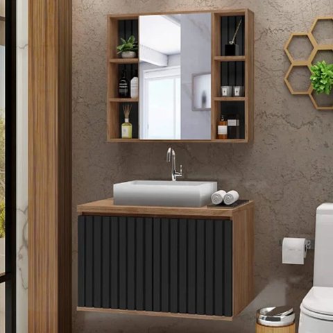 Conjunto Gabinete Banheiro Ripado 80cm C/ Cuba e Espelheira:avelato/preto