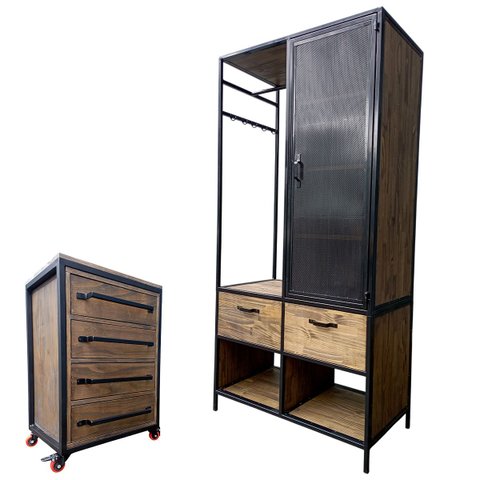 Conjunto Kit Industrial Guarda Roupas Closet e Gaveteiro Ferro Cor Preta Madeira Cor Nogueira