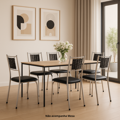 Kit 6 Cadeira Jantar Moderna Cromada Aço Junco Cozinha Sala