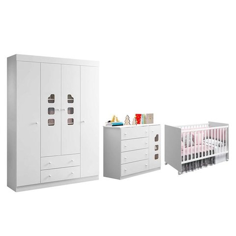 Dormitório Infantil Lívia Guarda Roupa, Cômoda e Berço Tico Branco - Phoenix Baby