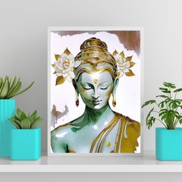 Quadro Buda Branco Com Dourado 33x24cm - com vidro:Madeira preta - 1
