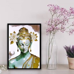 Quadro Buda Branco Com Dourado 33x24cm - com vidro:Madeira preta - 2