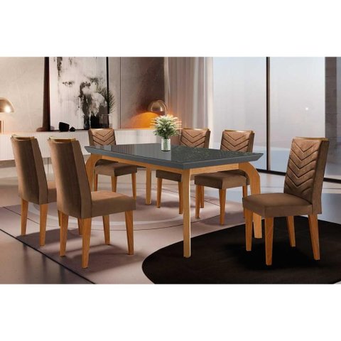 Conjunto: Mesa Sala Jantar Londrina C/ Tampo Madeirado C/ Vidro Canto Curvo 180x90cm e 6 Cadeiras