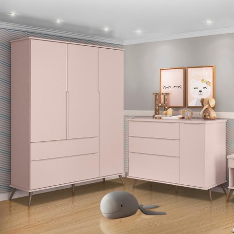 Jogo de Quarto Infantil Retrô Melinda Roupeiro e Cômoda com Porta Rosê - Phoenix Baby Rosê