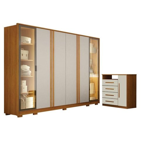 Guarda Roupa Casal Prime 6 Portas com Led com Cômoda Diamante 4 Gavetas 1 Porta Cinamomo Off White –