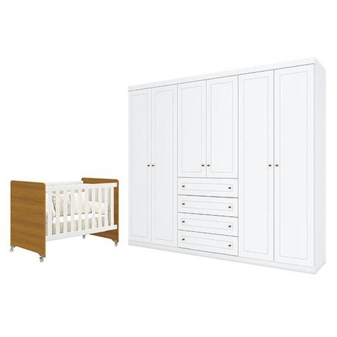 Berço Americano Evolution 4 em 1 MDF Branco Acetinado Savana e Guarda Roupa Casal Móveis Henn