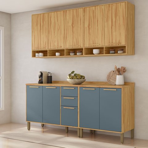 Cozinha Modulada Compacta 4 Peças 10 Portas MDF 200cm Malta Espresso Móveis Cinza/Amêndoa/Platina