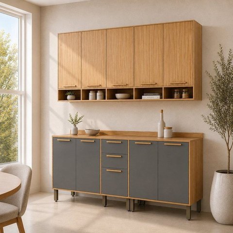 Cozinha Modulada Compacta 4 Peças 10 Portas MDF 200cm Malta Espresso Móveis Cinza/Amêndoa/Platina