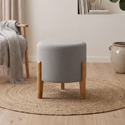 Puff Elegance em Linho com Pés de Madeira Design Minimalista para Sala Moderna Sofisticada - Cinza