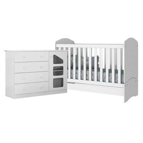 Cômoda Ludi Sapateira 4 Gavetas MDF + Berço Mini Cama Chuva de Amor Branco