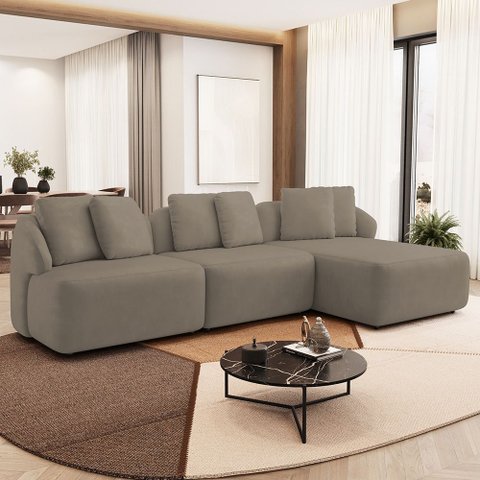Sofá 4 Lugares com Chaise Direito Sala Living 288cm Arlo F04 Veludo Marrom Claro - Lyam Decor