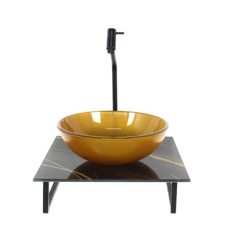 Gabinete de Vidro com Cuba Redonda com Tampo de Vidro 40cm X 40cm Mármore Preto Dourado