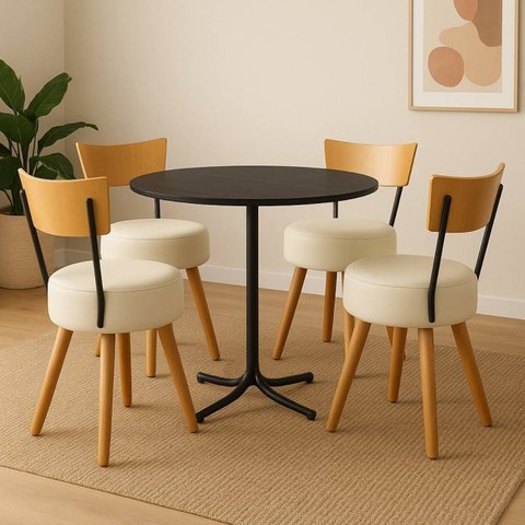 Mesa de Jantar Redonda 80cm Preto com 4 Cadeiras Estofada Off-white Encosto Madeira Urban
