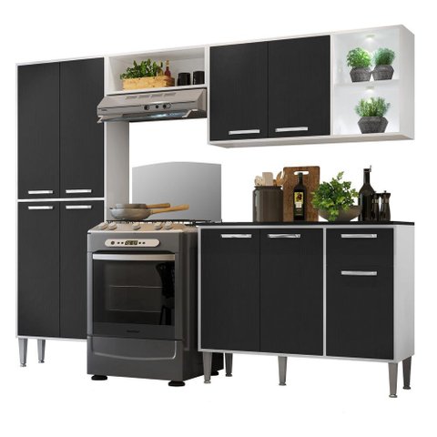 Cozinha Compacta c/ 2 Leds 4 pçs Xangai Multimóveis V3414 Branca/Preta