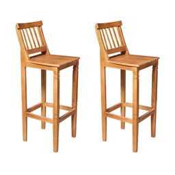 Kit 2 Banquetas Alta de Madeira Maciça Ripada com Encosto Confort - Castanho - 1