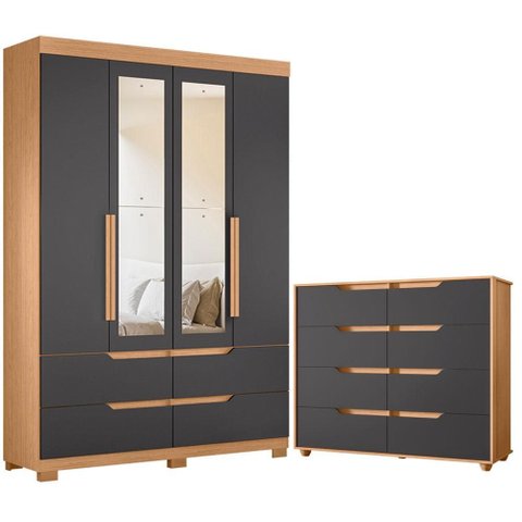 Guarda Roupa Solteiro Doble 04 Portas com Espelho e Cômoda Doble Freijo Titanium Flex - Móveis