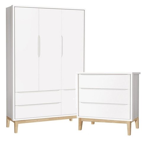 Jogo de Quarto Classic Guarda Roupa 3 Portas e Cômoda 3 Gavetas Branco Fosco com Pés Madeira Natural