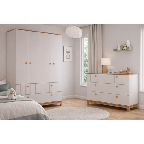 Jogo de Quarto Infantil Biscoito Guarda Roupa e Cômoda 6 Gavetas Off Nature - Permóbili Baby