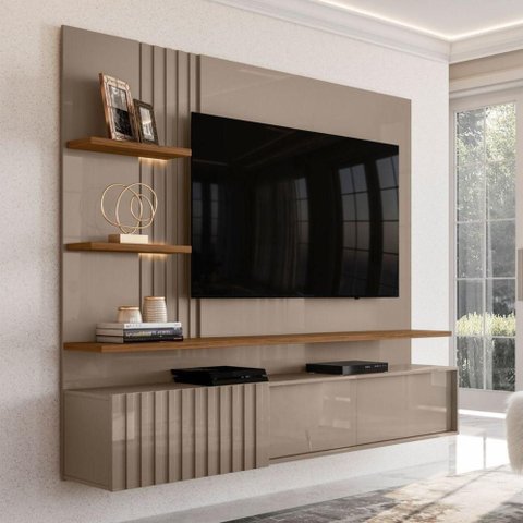 Home Theater Cora para TV 65 Polegadas 200cm MDP Ripado Fendi Naturale com Iluminacao LED Madetec