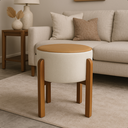 Ver imagem 1 de Puff Banqueta Redondo Zoe Corino Caramelo e Linho Gelo Decorativo Base de Madeira - Arkell