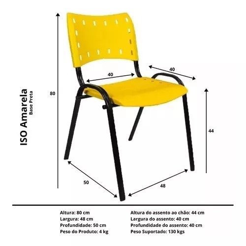 Kit Com 10 Cadeiras Iso Para Escola Escritório Comércio Amarela Base Preta - 4