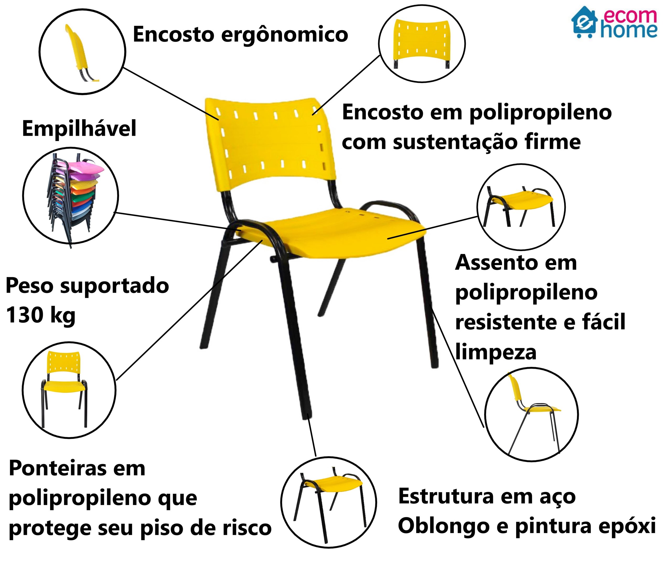 Kit com 10 Cadeiras Iso para Escola Escritório Comércio Amarela Base Preta - 7