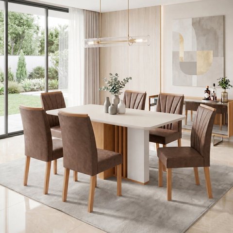 Conjunto Sala de Jantar 6 Lugares Quadrada Tampo MDF Mesa Astrid com Cadeiras Apogeu Marrom Amêndoa Clean/Off White/Avelã