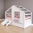 Ver imagem 1 de Cama Casinha com Janela com 02 Gavetas e Escorregador Madeira Maciça Branco/ Rosa Housin