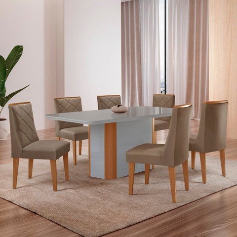 Conjunto Sala de Jantar Mesa Tampo MDF/Vidro 6 Cadeiras Ester Off White/Capuccino/Marromle