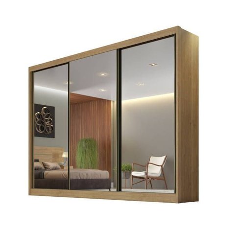 Guarda Roupa Casal com Espelho 3 Portas de Correr 6 Gavetas - Diamond-cumaru - Móveis Novo Horizonte