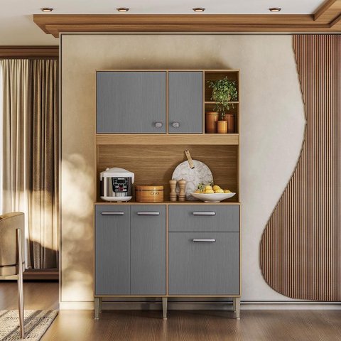 Armário de Cozinha Compacto Liv 5 Portas 1 Gaveta com Nicho Decorativo 1,20m - Freijó/gris