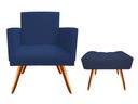 Ver imagem 1 de Kit Poltrona Decorativa Nina + Puff Retangular Suede Azul Marinho Pés Madeira Ms Decor