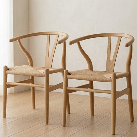 Kit 2 Cadeiras de Jantar Wishbone em Madeira com Assento Rattan Bege