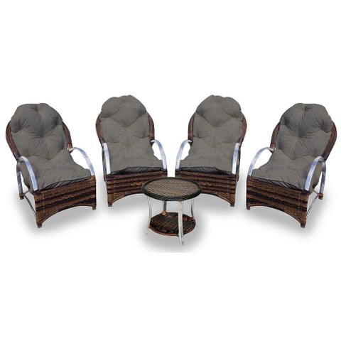 Conjunto de Poltronas Fibra Sintética Paris Alumínio - 4 Poltronas + 1 Mesa Centro - Tecido Duna Fen