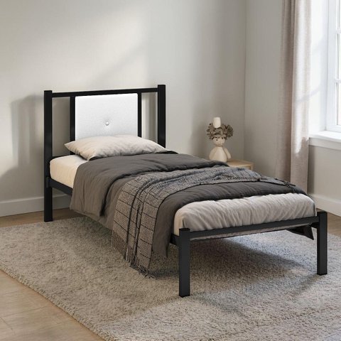Cama Solteiro Infantil Juvenil Aurora de Ferro Reforçada com Painel Estofado Corino:preto/branco