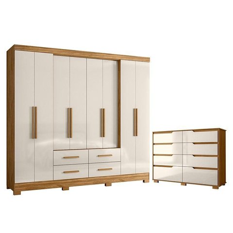 Guarda Roupa Casal San Lorenzo e Cômoda Georgia Freijó Off White – Moval