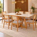 Ver imagem 1 de Kit Conjunto Mesa Sala de Jantar Retangular 180cm 6 Cadeiras Estofadas Encosto Tela MDF Freijó/Bege