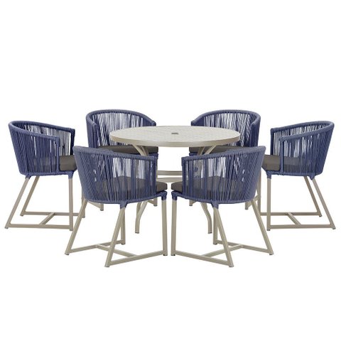 Mesa com 6 Cadeiras de Jantar Roma 120cm e Noronha em Alumínio Fendi Corda Náutica Estofado 11 Trama