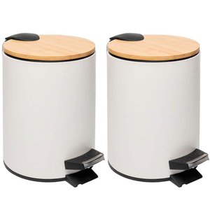 Kit 2 Lixeiras 5l Metal Redonda com Pedal Branca Tampa Bambu Balde Interno Banheiro Genebra